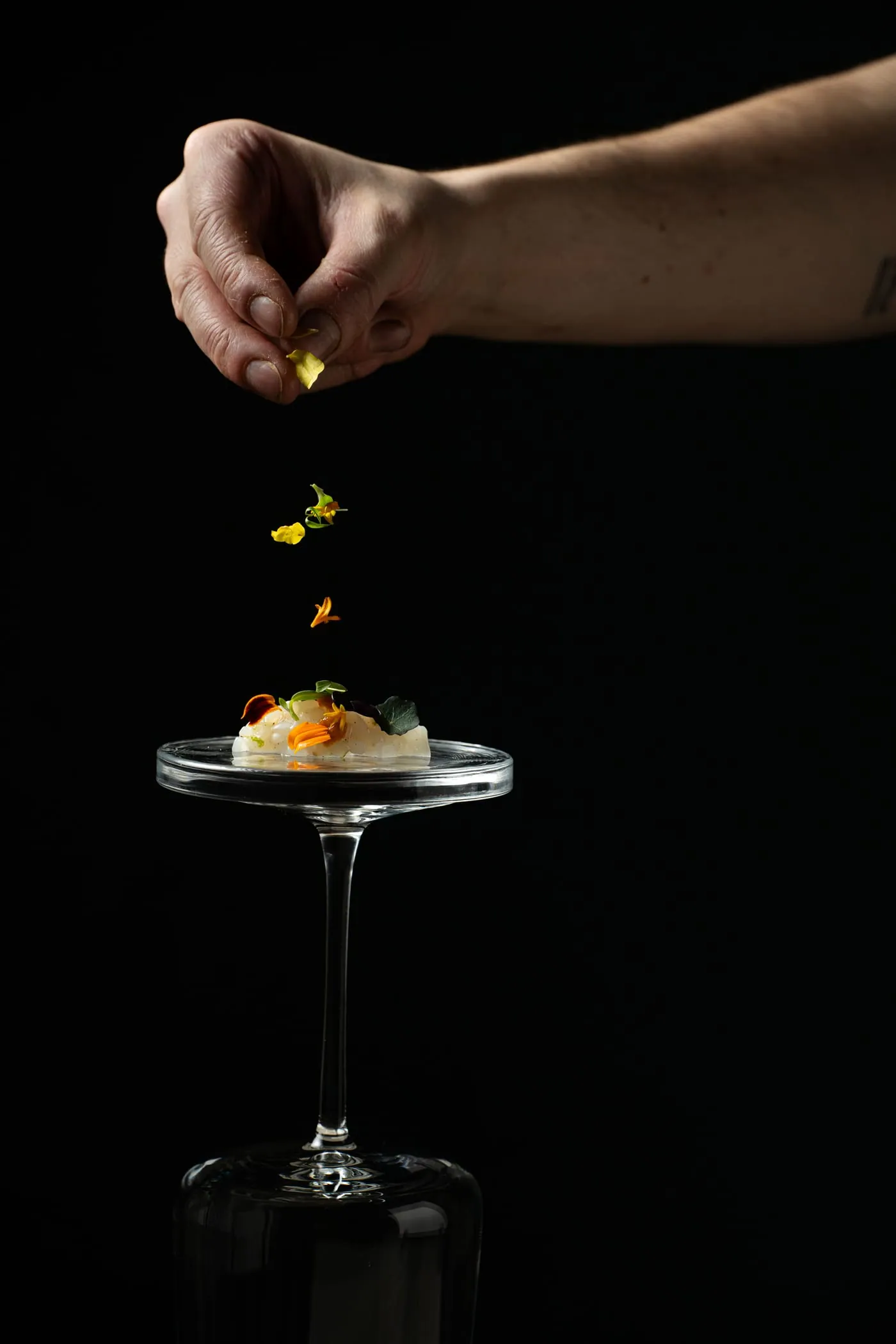 La mano de un chef dejando pétalos sobre un plato, sobre fondo negro